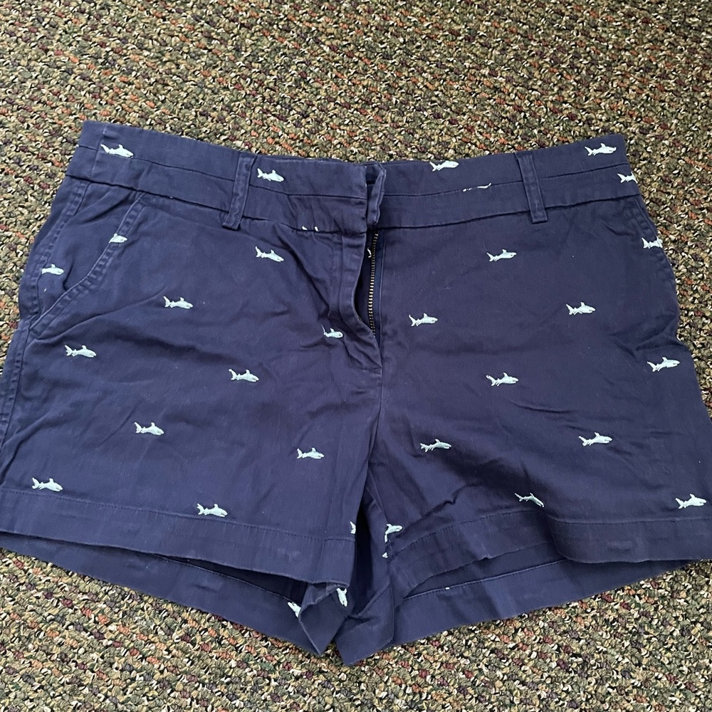 Women’s British Khaki Navy Shorts with Fish Print | Size 8